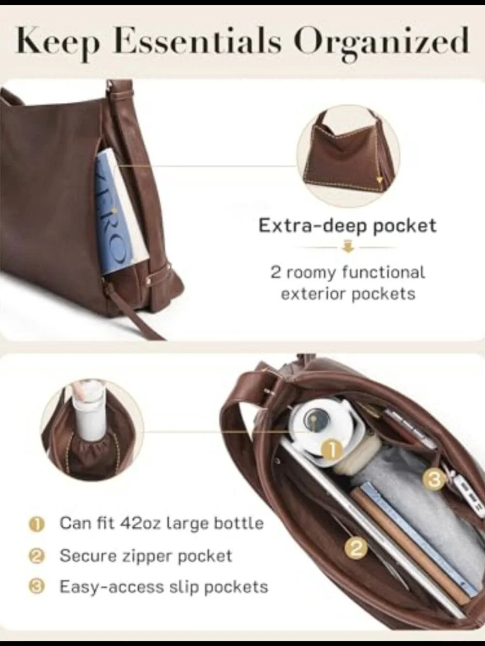 Leather Hobo Shoulder Bag Crossbody Tote with Adjustable Strap